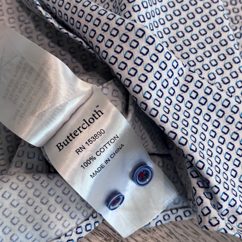 Buttercloth Button Down Shirt Mens 2X Tall White Blue Geometric Preppy Casual - Picture 7 of 9